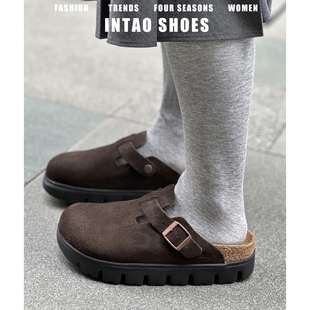 牛皮版~一脚蹬复古松糕厚底勃肯鞋女2026年新款小个子包头半拖鞋