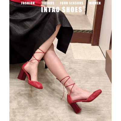 羊皮版~红色交叉绑带包头凉鞋女