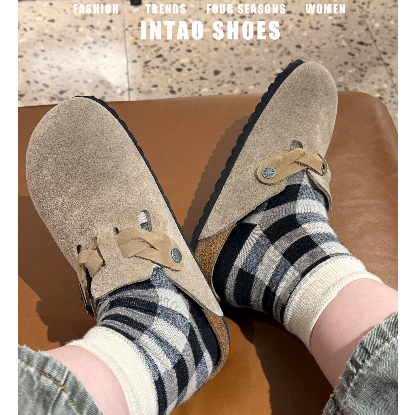 沙色真皮软木厚底勃肯鞋半拖女2026春季新款一脚蹬复古增高博肯鞋