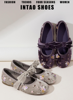 绝美紫色刺绣花朵丝绒玛丽珍单鞋女2026春季新款蝴蝶结平底奶奶鞋
