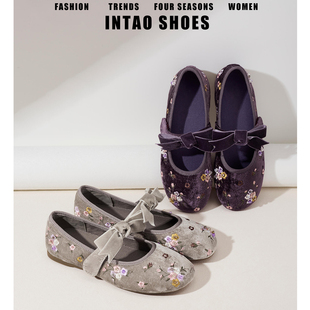 绝美紫色刺绣花朵丝绒玛丽珍单鞋女2026春季新款蝴蝶结平底奶奶鞋