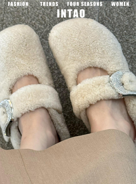 【周也同款】白色爆款包头羊羔毛毛拖鞋女外穿加绒棉鞋水钻勃肯鞋