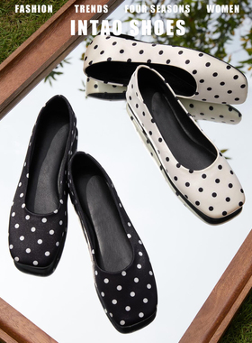 法式白色波点绸缎方头单鞋女平底2026新款设计感小众晚晚风温柔鞋