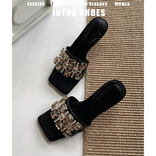 法式黑色水钻露趾高跟拖鞋女夏季外穿2026新款不累脚巨好看的凉拖