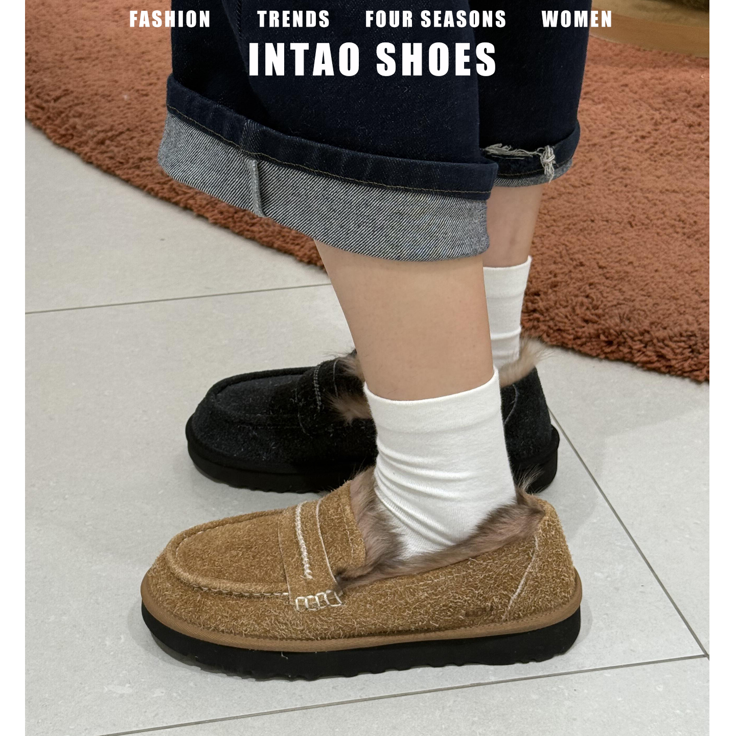 真皮版~复古一脚蹬毛绒深口单鞋