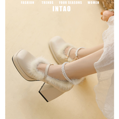 法式水貂毛玛丽珍毛毛鞋女外穿