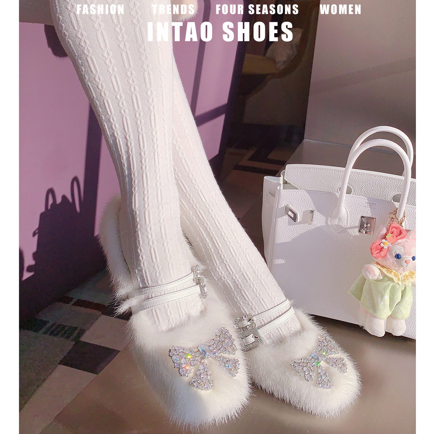 白色绝美水貂高跟毛毛鞋女冬加绒