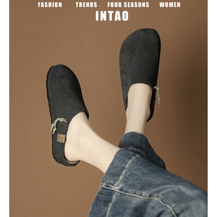 牛皮版~灰色厚底勃肯鞋半拖女2025秋季新款包头穆勒鞋内增高单鞋