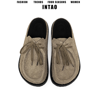 翻毛牛皮绒面革系带勃肯鞋 2025男女新款 带包头厚底穆勒鞋 复古单鞋