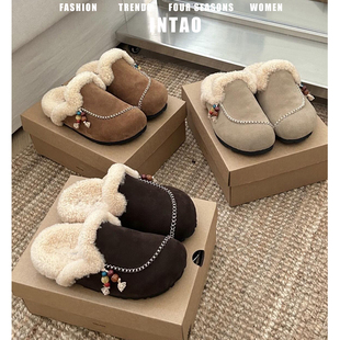 一脚蹬毛毛鞋 包头穆勒鞋 半拖女冬2025新款 复古串珠加绒厚底勃肯鞋