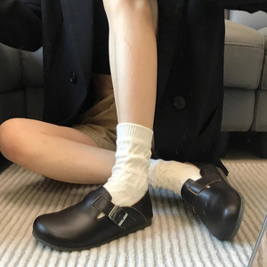 牛皮版~黑色勃肯鞋全包女2024年秋季新款圆头一脚蹬复古博肯单鞋