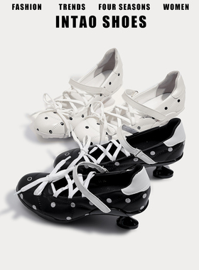 绝美波点圆头芭蕾单鞋女粗跟2026春季新款黑色巨好看法式小高跟鞋