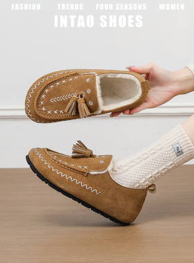 复古磨砂牛皮勃肯鞋全包女加绒流苏豆豆鞋一脚蹬深口绣线毛毛单鞋