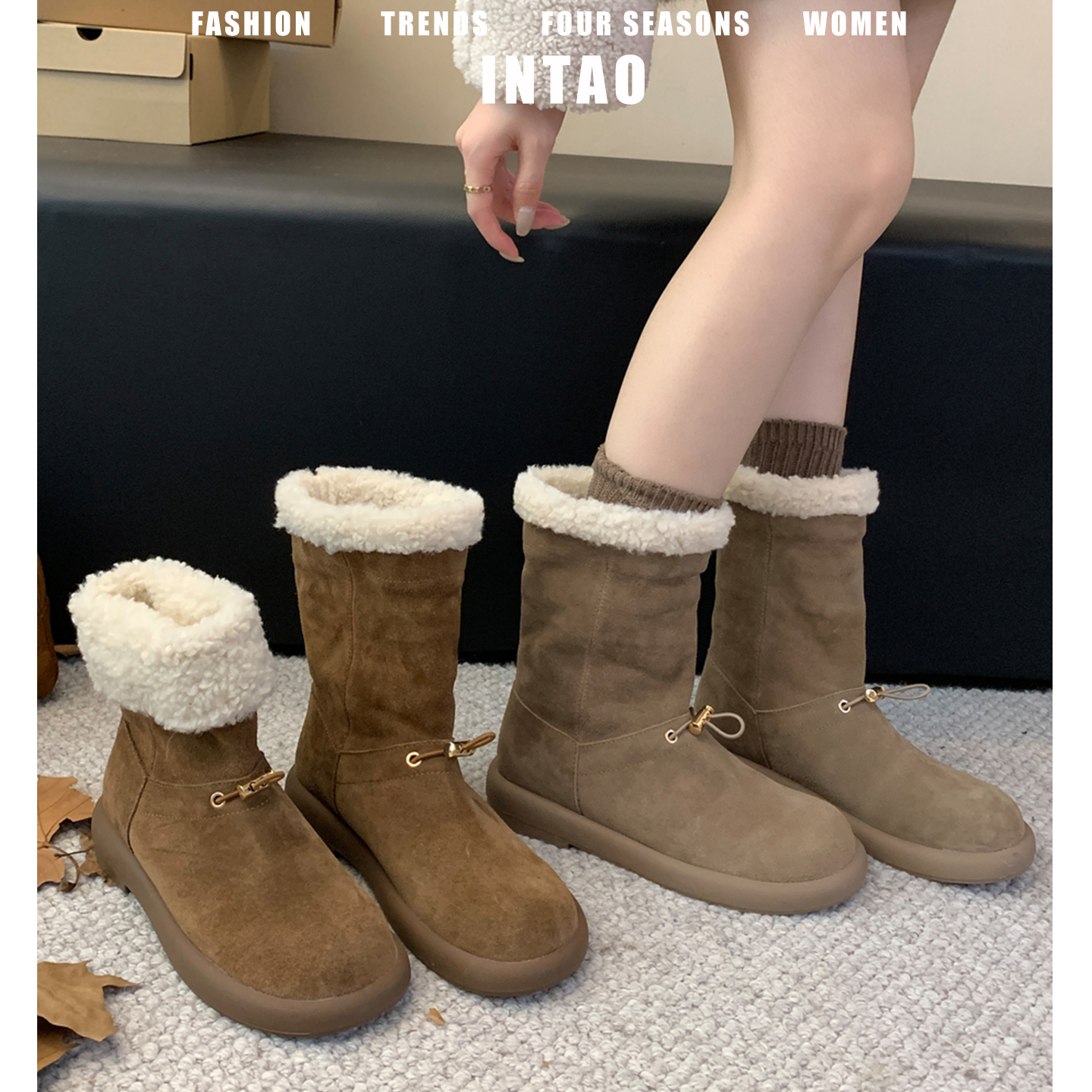 皮毛一体加绒加厚保暖厚底雪地靴