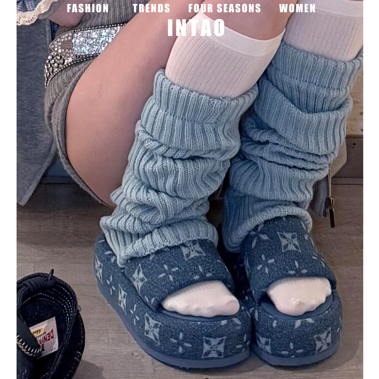 赵露思同款蓝色小个子休闲拖鞋女