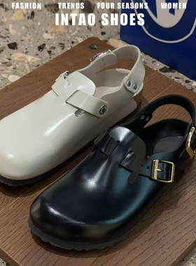 牛皮版~黑色厚底超火勃肯鞋女2026春季新款一脚蹬内增高包头拖鞋