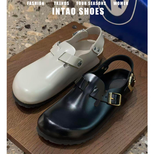 牛皮版~黑色厚底超火勃肯鞋女2026春季新款一脚蹬内增高包头拖鞋