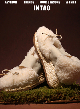 白色蝴蝶结羊羔厚底毛毛鞋女2025秋冬小个子编织内增高保暖棉单鞋