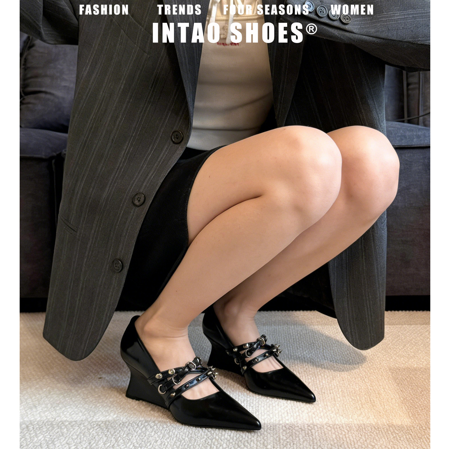 高级感法式尖头铆钉玛丽珍高跟鞋女2026新款黑色坡跟浅口气质单鞋