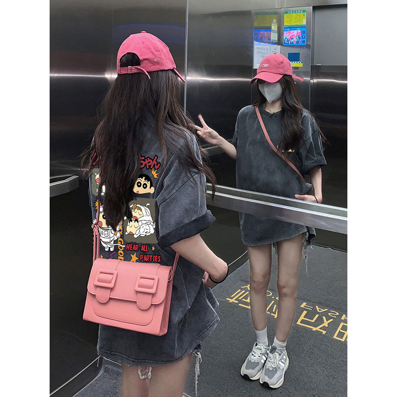 复古短袖chic港风T恤女设计感水洗灰色半袖夏季宽松大版情侣上衣
