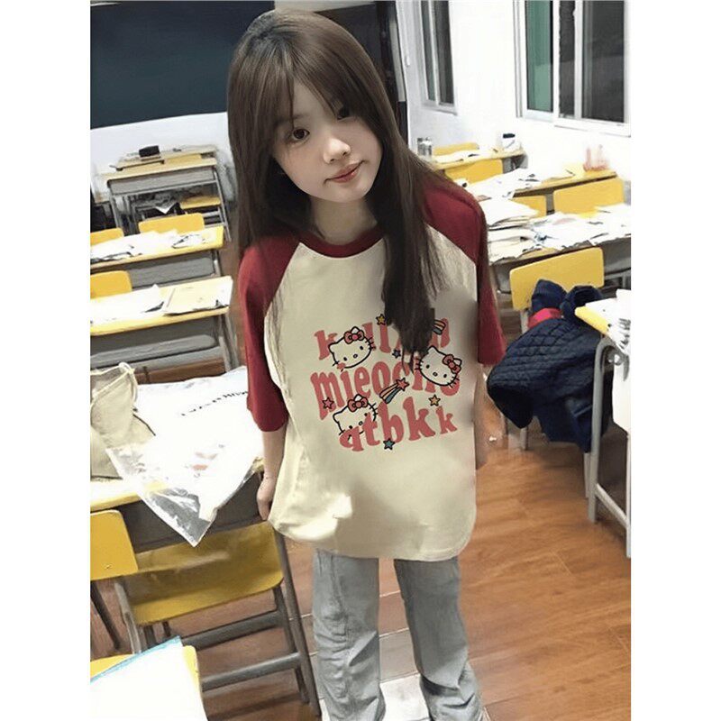 HelloKitty插肩短袖t恤女大学生2024新款夏季凯蒂猫宽松显瘦上衣