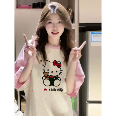 HelloKitty插肩拼色百搭宽松短袖t恤女夏装新款学生纯棉半袖上衣