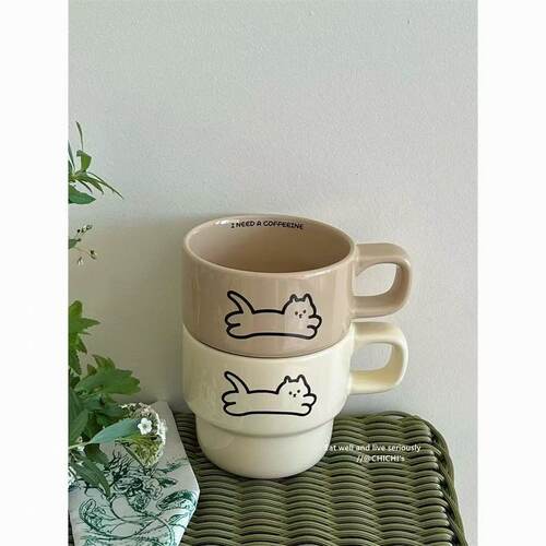 可爱猫咪杯子小狗ins风叠叠情侣陶瓷马克杯礼物耐高温咖啡杯水杯