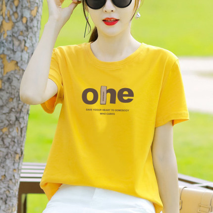 黄色100%纯棉短袖t恤女网红爆款夏季2025新款时尚简约高级感体恤