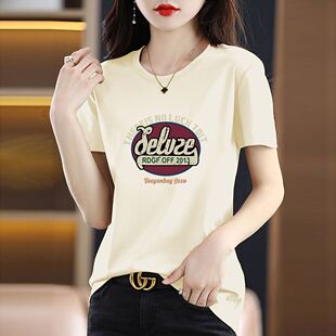 高端名牌夏季 气质宽松显瘦百搭上衣潮 正肩100%纯棉短袖 t恤女薄款