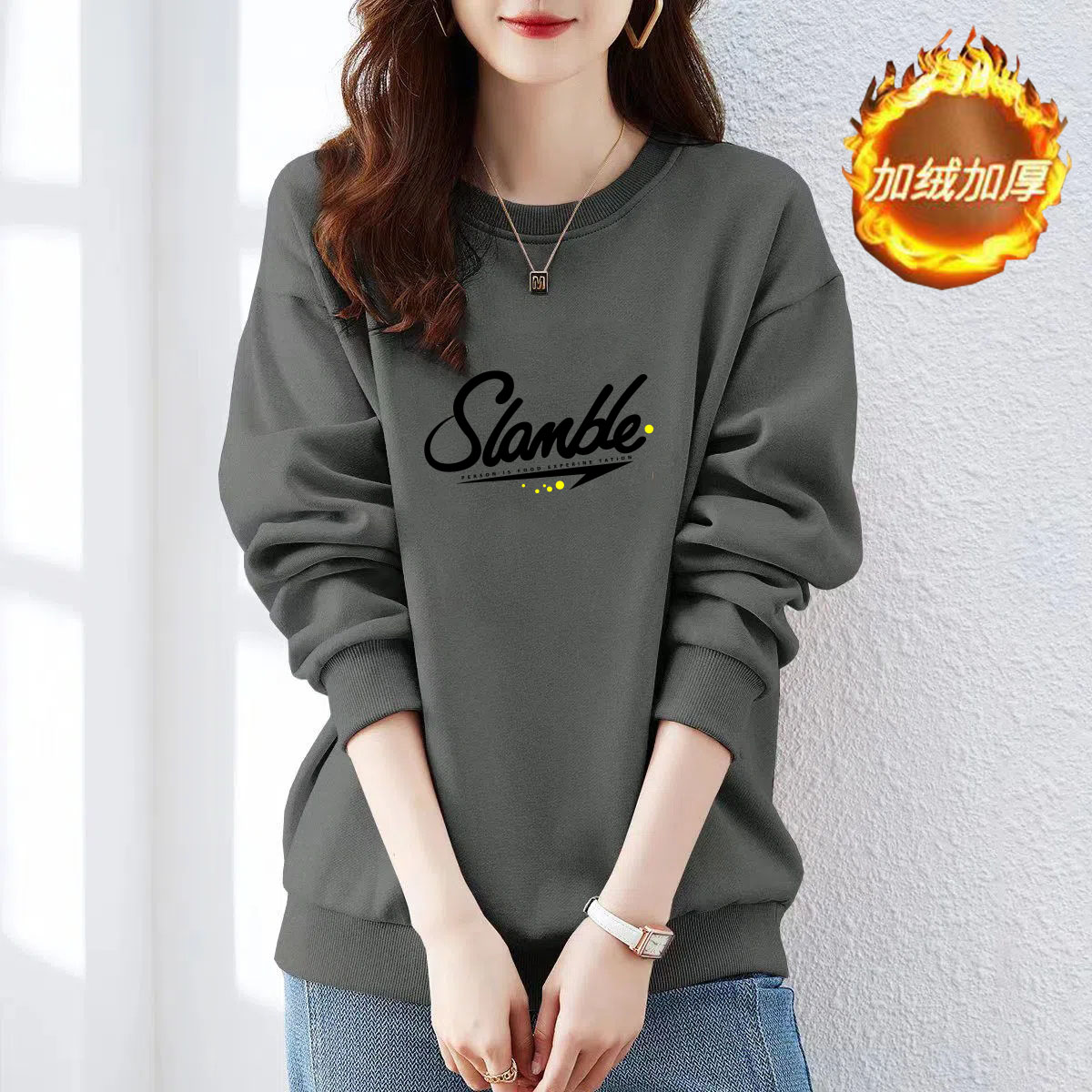 大牌外贸商场品牌折扣捡漏灰色加绒加厚印花卫衣女纯棉宽松外套潮