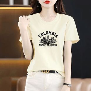品牌折扣专柜夏季 t恤女设计感简约印花体恤上衣 女装 正肩纯棉短袖