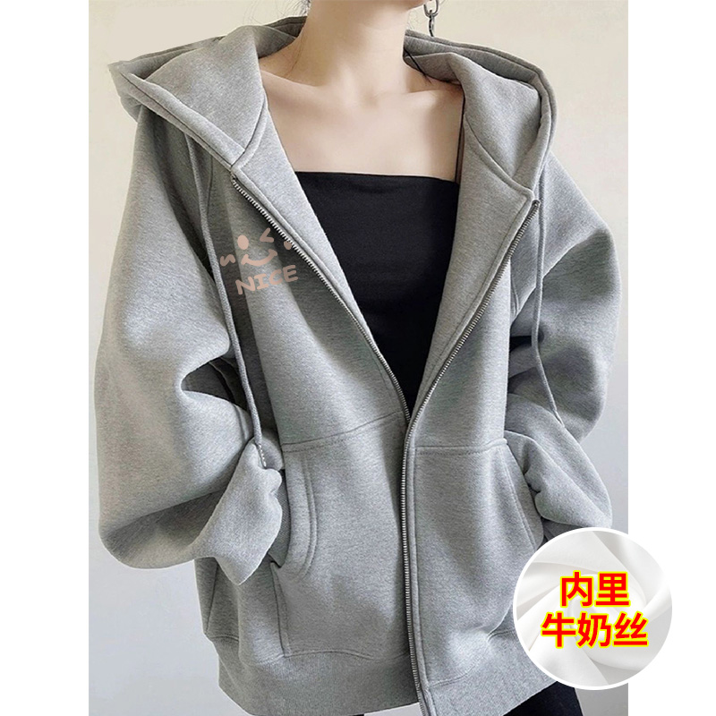 山东即墨大牌纯棉连帽开衫卫衣女秋冬网红慵懒风加绒加厚学生外套