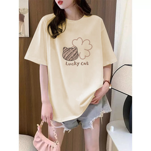独特夏季 宽松纯棉短袖 休闲中长款 小众圆领时尚 上衣 t恤女2025新款