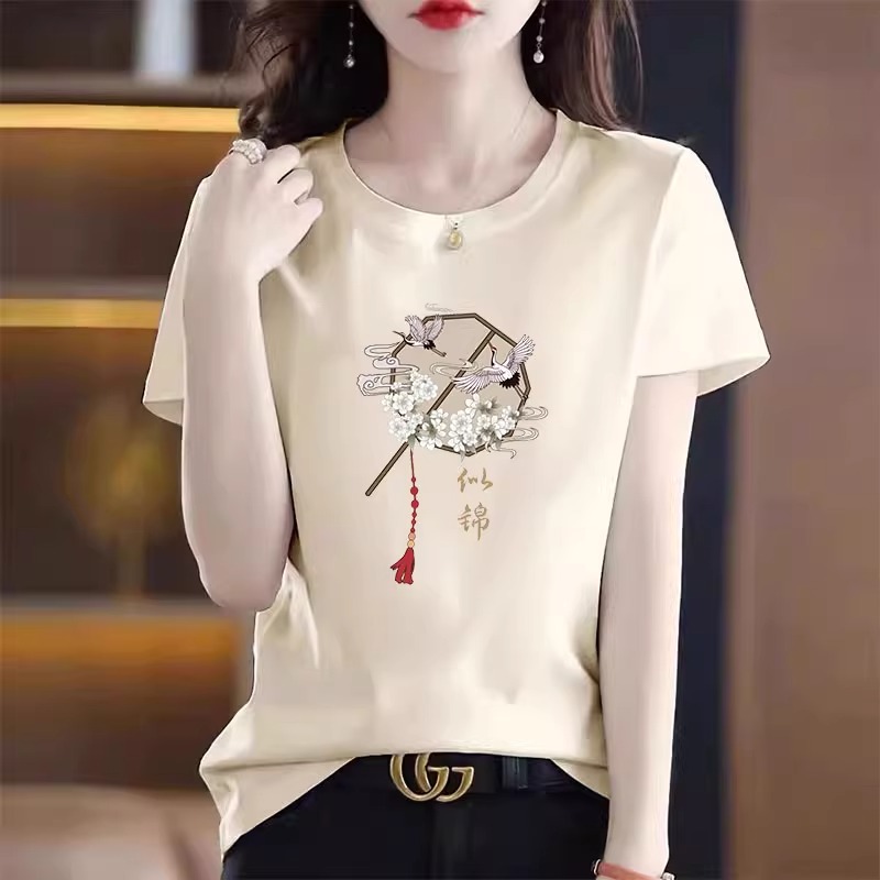 外贸即墨品牌纯棉短袖t恤女夏季时尚中国风气质宽松正肩半袖体恤