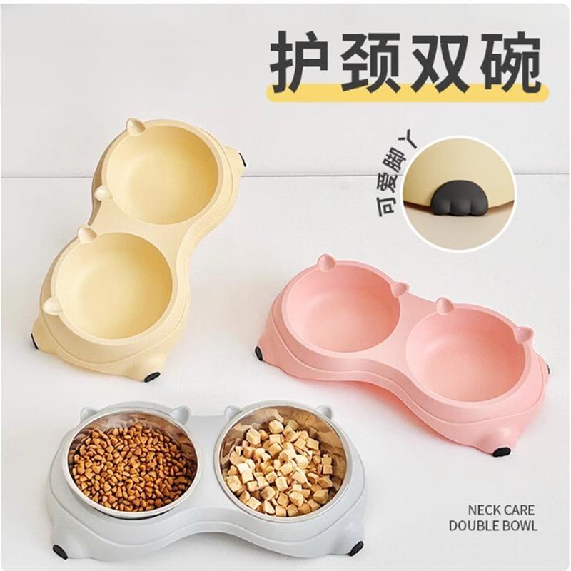 猫碗狗碗猫食盆猫咪饭盆双碗不锈钢不易打翻保护颈喝水吃粮一体碗