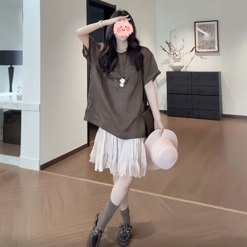 夏日韩系慵懒T恤百褶裙两件套