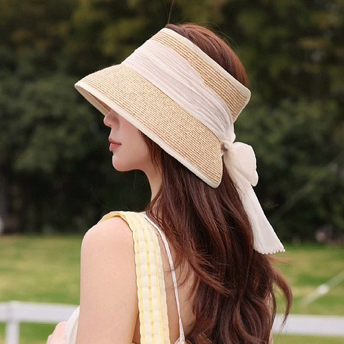 日系大檐细辫拉菲草空顶帽夏天