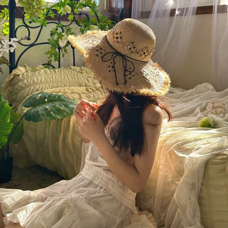 草帽蕾丝绑带大檐镂空毛边遮阳帽