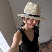 男女草帽镂空大帽檐遮阳帽情侣夏季 爵士帽男女通用巴拿马帽礼帽