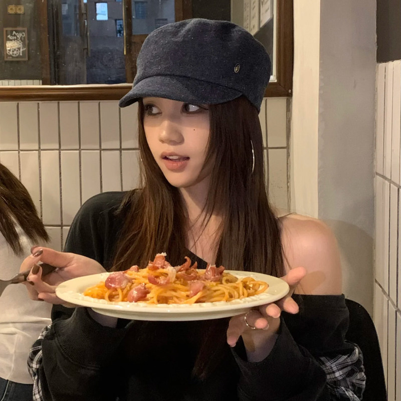 磨毛水洗牛仔深蓝色鸭舌平顶帽女
