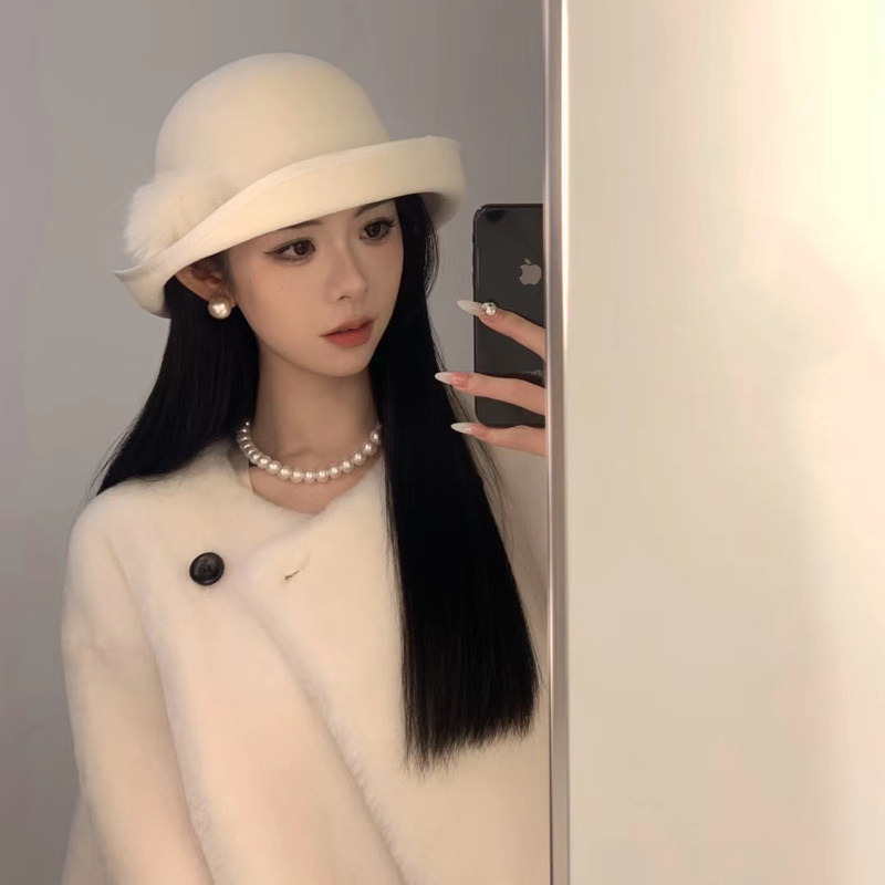 狐狸毛球羊毛呢盆帽法式女秋冬