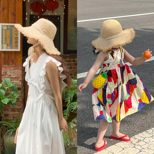 法式拉菲草女童草帽夏季海边沙滩防晒蕾丝系带洋气亲子款遮阳帽女