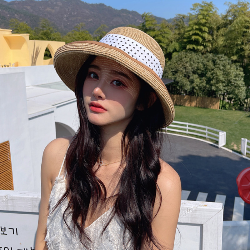 新款草帽女夏季渔夫遮阳帽女式防晒帽日系百搭遮脸卷边草编帽子潮