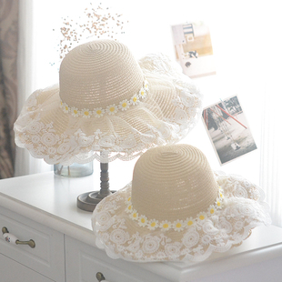 夏季亲子草帽大檐蕾丝波浪边拍照女童遮阳帽母子出游百搭沙滩帽女