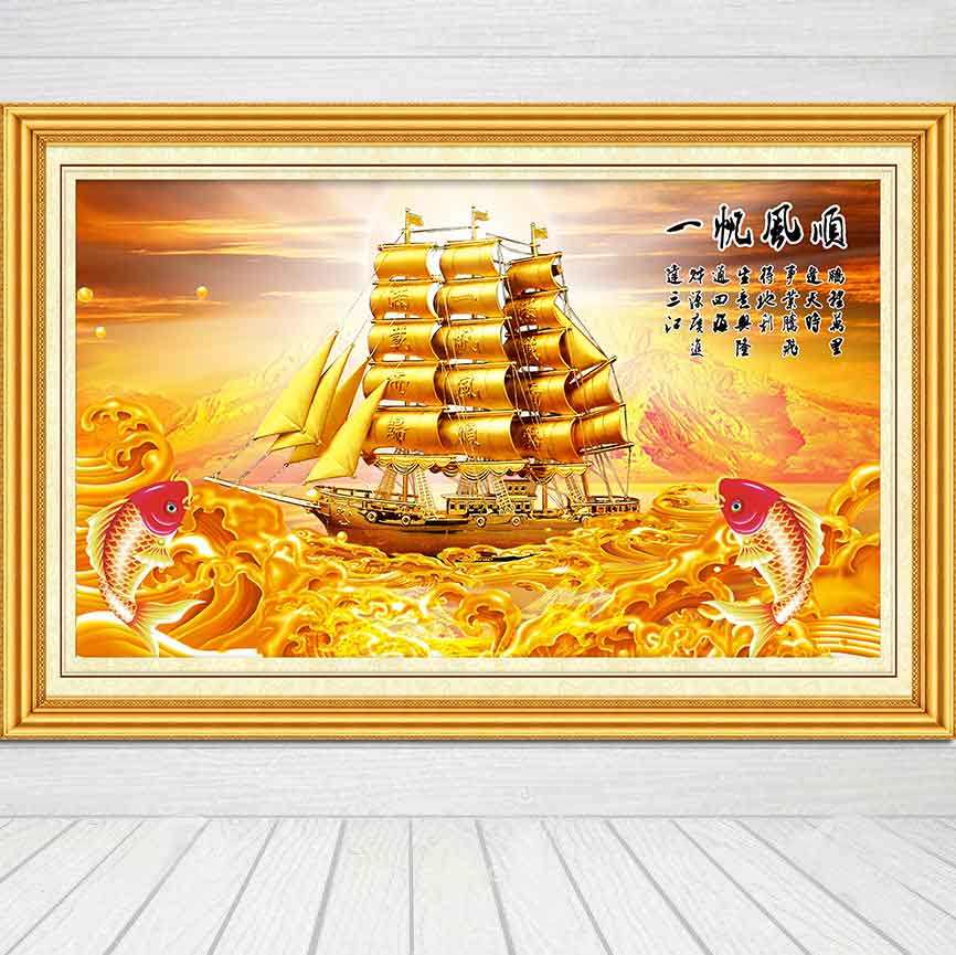 新中式装饰画金色帆船画报一帆风顺壁画客厅墙贴自粘挂画定做画芯