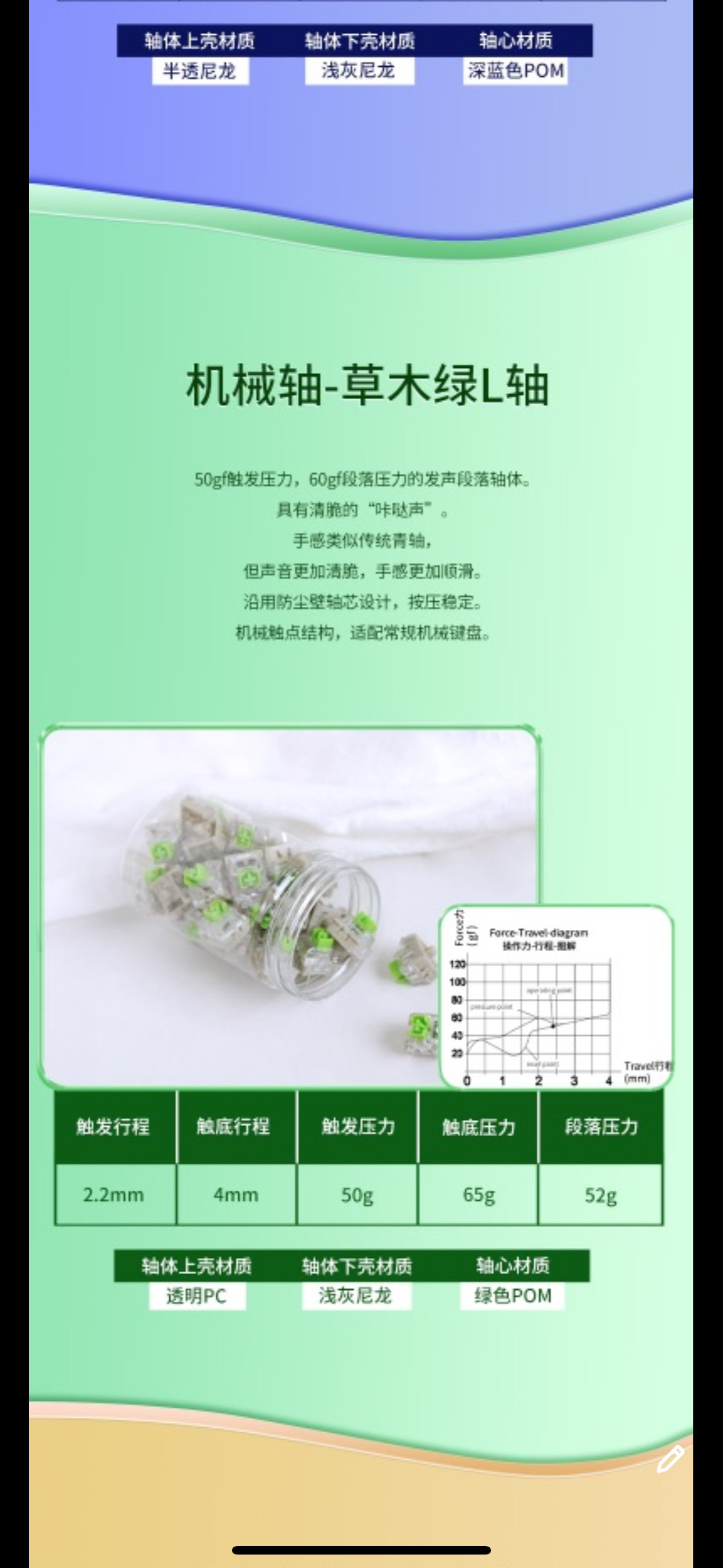 全新阿米洛轴体草木绿L轴热插拔机械键盘使用类似cherry青轴段落