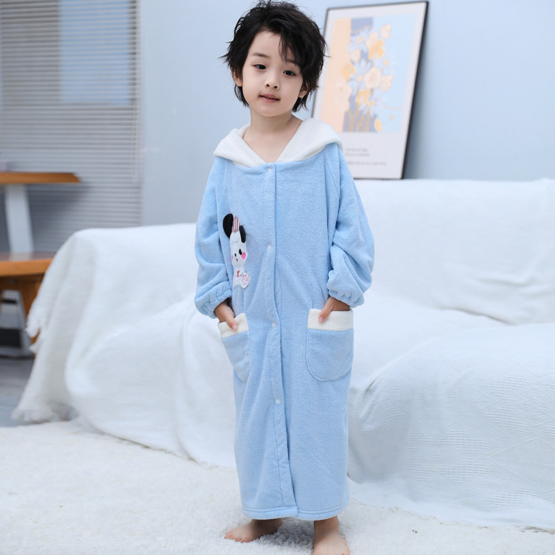 漫笛儿儿童家居服女孩男孩浴袍珊瑚绒带帽卡通可穿可裹吸水亲子