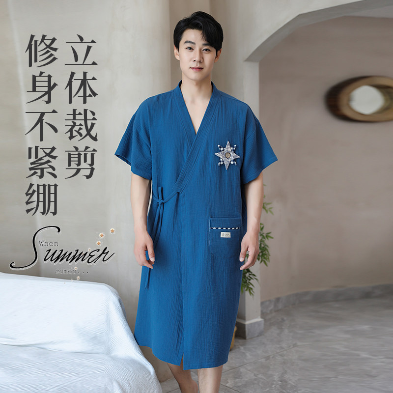 纯棉浴袍男夏季薄款短袖斜门襟可穿式浴巾立体裁剪系带速干洗澡