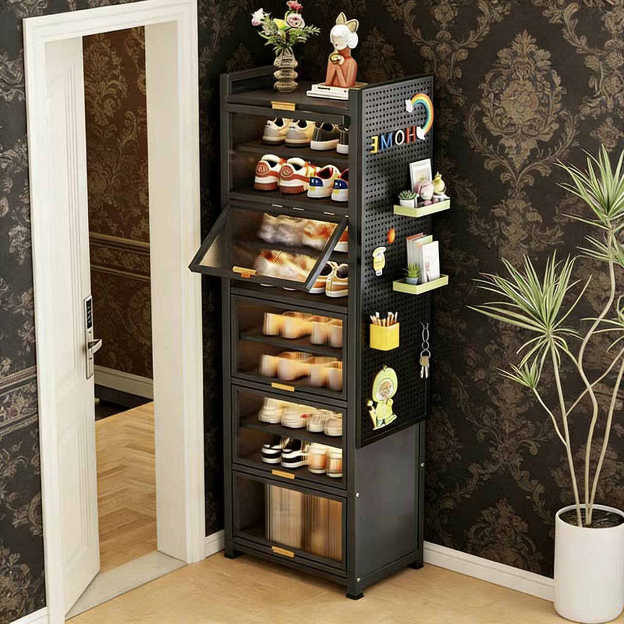家用钢制鞋柜室内入户玄关柜上翻门多层防尘鞋架新款夹缝收纳窄柜
