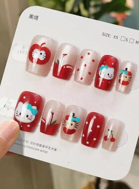 手工儿童美甲穿戴甲感短款红苹果乐园猫眼假指甲贴2026年新款